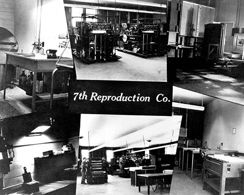 This collage created by the 7th Reproduction Company shows the equipment used to produce leaflets, newspapers, and other printed Psywar materials.