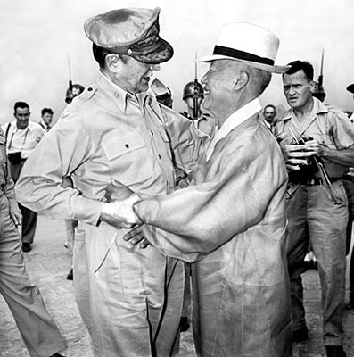 General Douglas A. MacArthur meets South Korean President Syngman Rhee. MacArthur requested Army Psywar elements to bolster Rhee’s fragile government in the early days of the war.