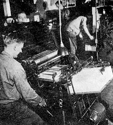 3rd Repro offset print men working in the Far East Command Print & Publications Center produce 1st RB&L propaganda leaflets on Webendorfer Offset Lithographic 11 x 22 inch presses.