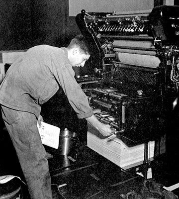 A 3rd Repro pressman operates a Harris LTV press at the Motosumiyoshi facility, April 1952.