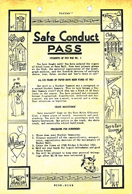 A “Safe Conduct Pass” inviting students taking the Psywar Officers Course to a social at the Fort Riley Officers’ Club, 5 October 1951.