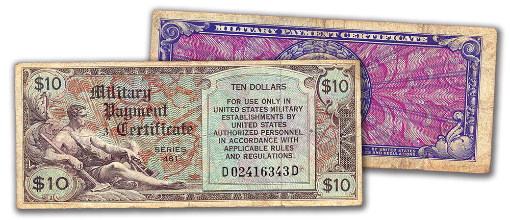 UN soldiers were paid in Military Payment Certificates (MPC) or “script” instead of U.S. dollars or South Korea won during the war. This example is a Ten Dollar MPC.