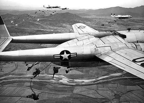Practice mass airdrops of the 187th ARCT were made in the Naktong Valley of Korea with C-119 aircraft in October 1950.