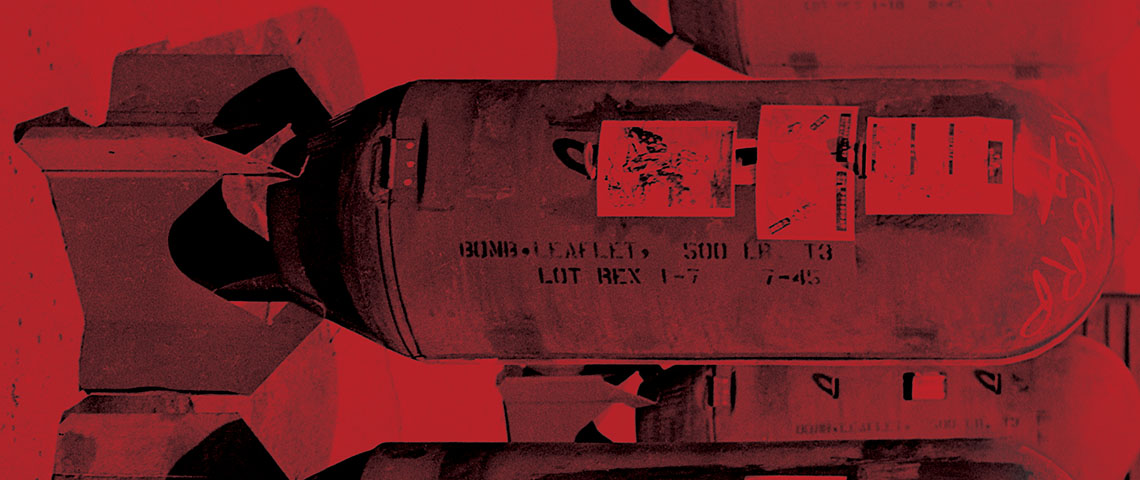 To keep track of what specific leaflets were delivered to FEAF bombing squadrons, a copy was pasted on the casing of each M129E1/E2 500 lb.