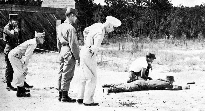 MAJ John D. Striegel, COL Aaron Bank, CPT Dorsey B. Anderson, and COL Charles H. Karlstad observe 10th SFG training at Fort Bragg, NC, 1952. 