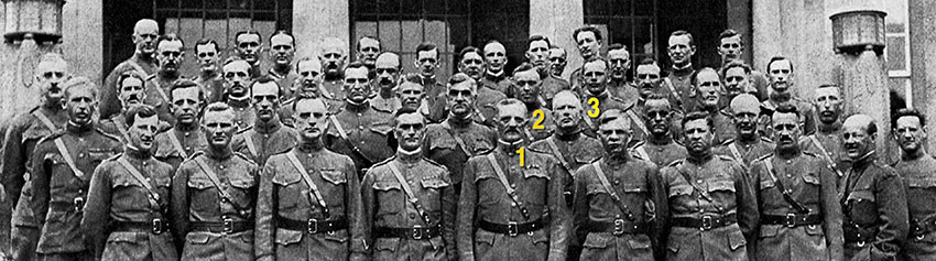 4th ID Commanders with GEN John J. Pershing (1). MAJ Karlstad (2) is over Pershing’s left shoulder and MAJ Edward M. “Ned” Almond (3) (CG, X Corps during Korean War) is to Karlstad’s left.