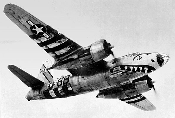 A B-26 Marauder from the 599th Bombardment Squadron with its WWII ETO 9th Air Force markings.