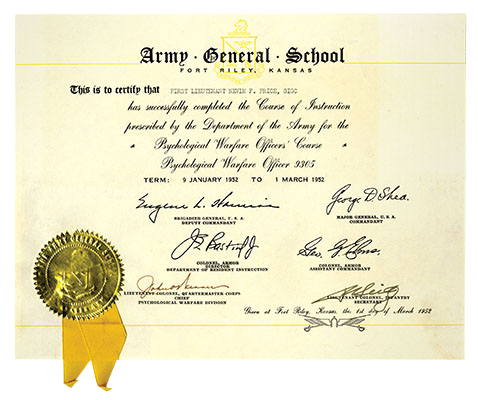 U.S. Army General School Psywar Staff Officers Course #2 graduation certificate for 1LT Nevin F. Price.