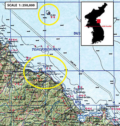 Original military topographic map depicting location of Al-som (Nan-do) and Sol-som (Song-do) Islands off the coast of North Korea.