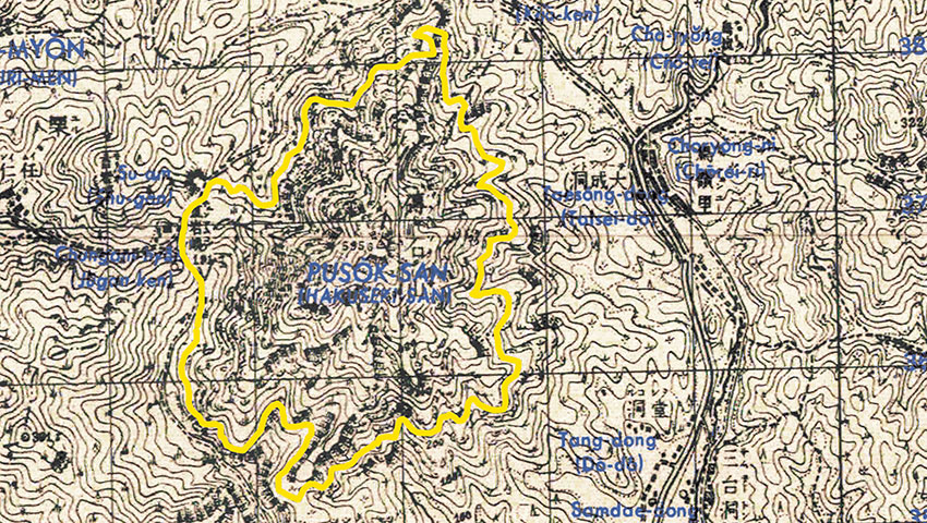 Original tactical map segment showing the steep mountainous terrain of the Donkey 3 enclave on Pusok Mountain in Hwanghae, North Korea.