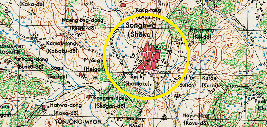 Original tactical map section including the location of the Donkey 3 guerrilla raid on the village of Songhwa.