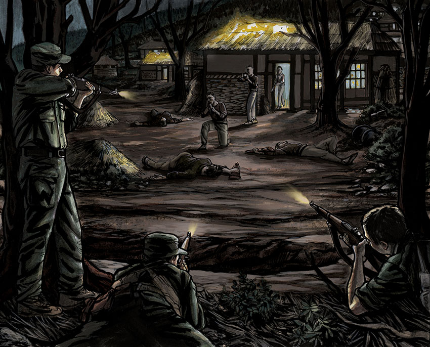 Illustration depicting Kim’s guerrillas conducting their night attack on the Songhwa myon police station.