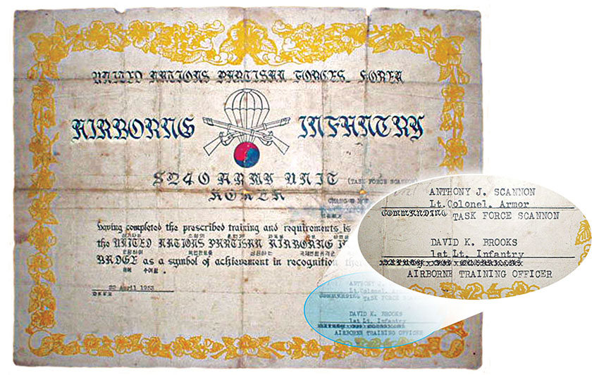 Signed by LTC Anthony J. Scannon, 3rd Partisan Infantry Regiment commander, and 1LT David K. Brooks, Airborne Training Officer, this certificate dated 22 April 1953 awarded the United Nations Partisan Airborne Infantry Badge to a recent graduate.