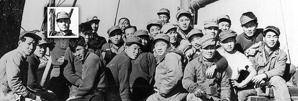 MSG Walter Hoffman (far left rear in Army sweater and soft cap) with both Korean trawler crews aboard K-444.