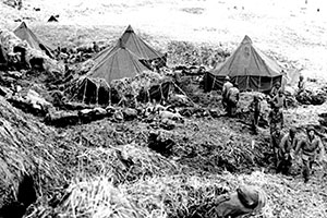 A 7th Infantry Division field hospital on Attu. The high number of casualties suffered during the Battle of Attu, affected Allied planning for Kiska. The majority of the casualties were due to cold weather exposure.