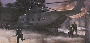 “Banana,” the HH-3E “Jolly Green Giant” helicopter crash landed inside the POW compound at 0218 on 21 November 1970 with the SF “Blueboy” Assault Element led by CPT Richard J. “Dick” Meadows. Painting: Mikhail Nikiporenko/USAF.
