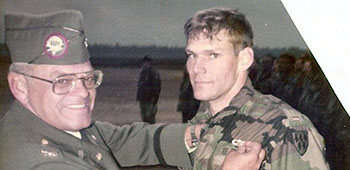 In 1984 Colonel Fry pins on his son Robert ‘Bob’s Airborne wings at Fort Benning, Georgia. His son Bob continued the tradition of service, graduating from the U.S. Military Academy at West Point, where he was twice the National Collegiate Freefall Parachuting Champion. Bob went on to have a distinguished career in Special Forces also. 