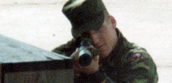 With Company C, 1st Ranger Battalion, Lamb deployed in support of Operation EAGLE CLAW, the 1980 attempt to free American hostages held in Iran. Here Lamb is seen before deployment with a suppressed Military Armament Corporation (MAC) Model-10 submachine gun.