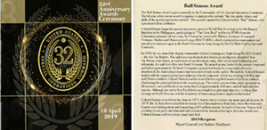 Program from the 2019 SOCOM Ceremony where MG Shachnow was the recipient of the Bull Simons Award
