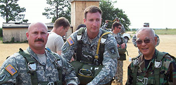 Retired SGM Tabata preparing the conduct a static-line proficiency jump with engineer students. He served as an SF engineer and demolitions instructor for twenty-nine years.