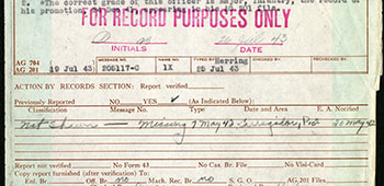 Volckmann Casualty Report, 19 July 1943, declaring his status as Missing in Action as of 7 May 1942, after the fall of Bataan and Corregidor.