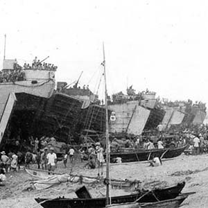 Landing ships offload at Ramree Island, 1945.