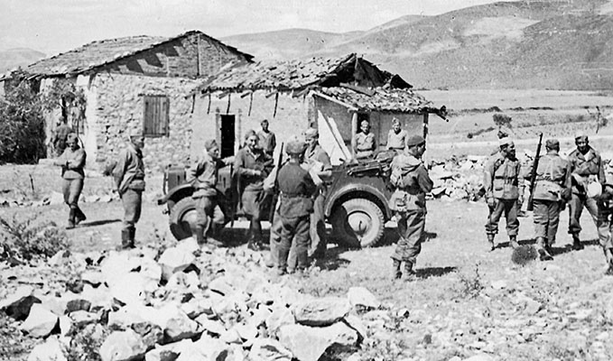 Members of Greek OG Group IV coordinate with Bulgarian soldiers in Macedonia in October, 1944.