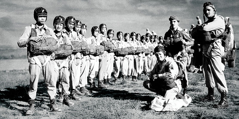 Chinese paratrooper trainees and their OG instructors prior to their first mass tactical jump, China 1945.